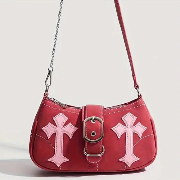 🆕 Y2K Style Satchel Handbag, Vegan Leather Bag -  Chain & Gothic Cross Accents - Picture 2 of 10